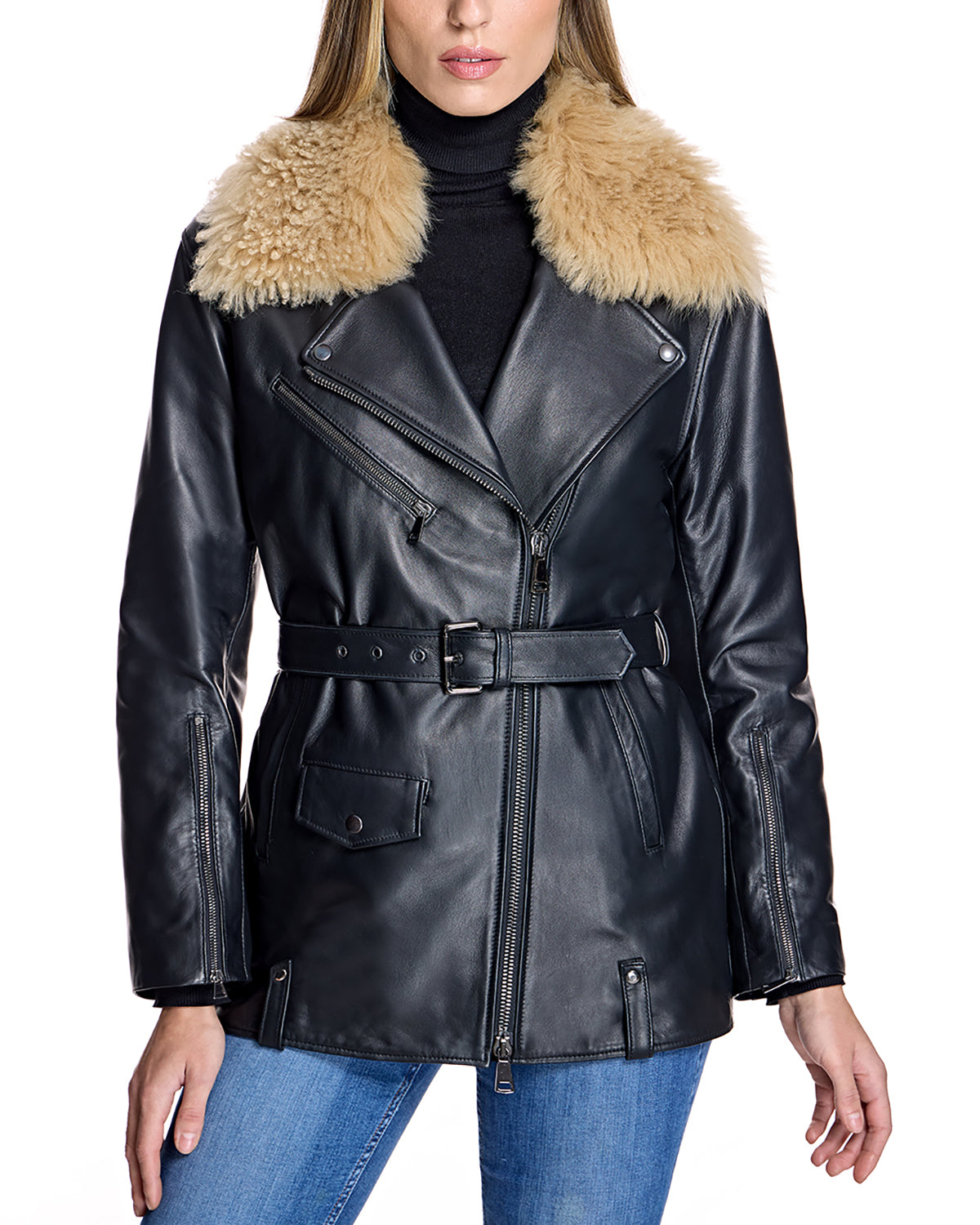 Leather Belted Moto Jacket with Detachable Lamb Collar