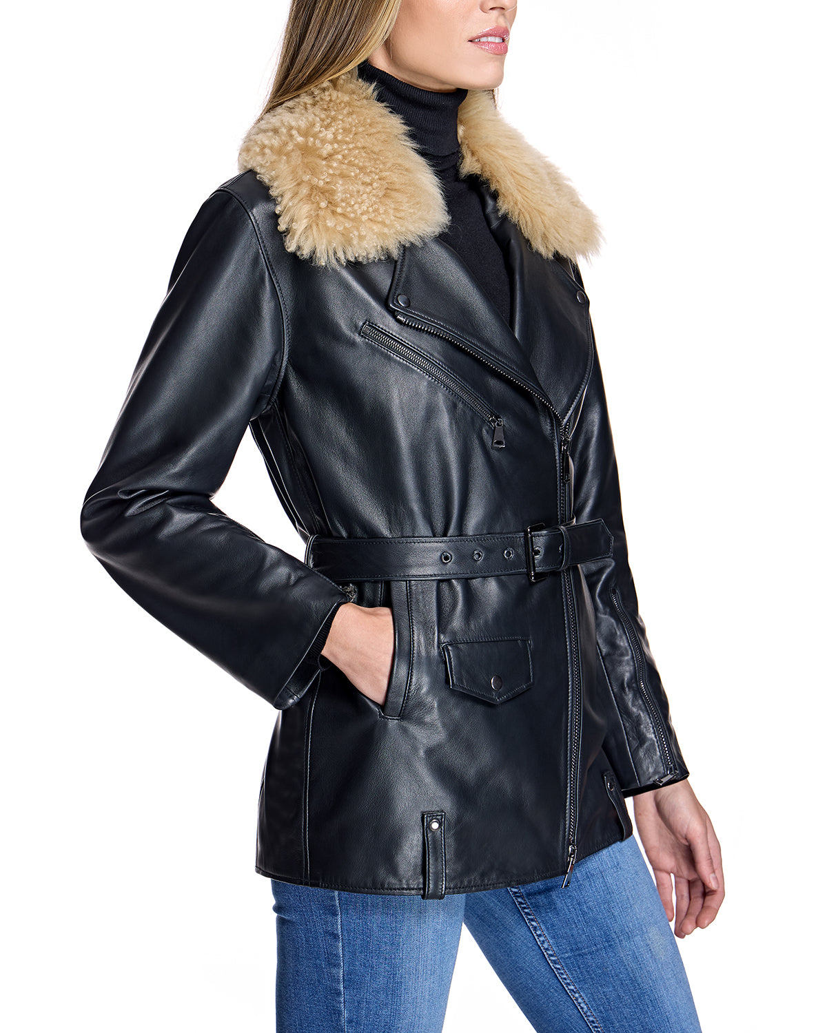 Leather Belted Moto Jacket with Detachable Lamb Collar