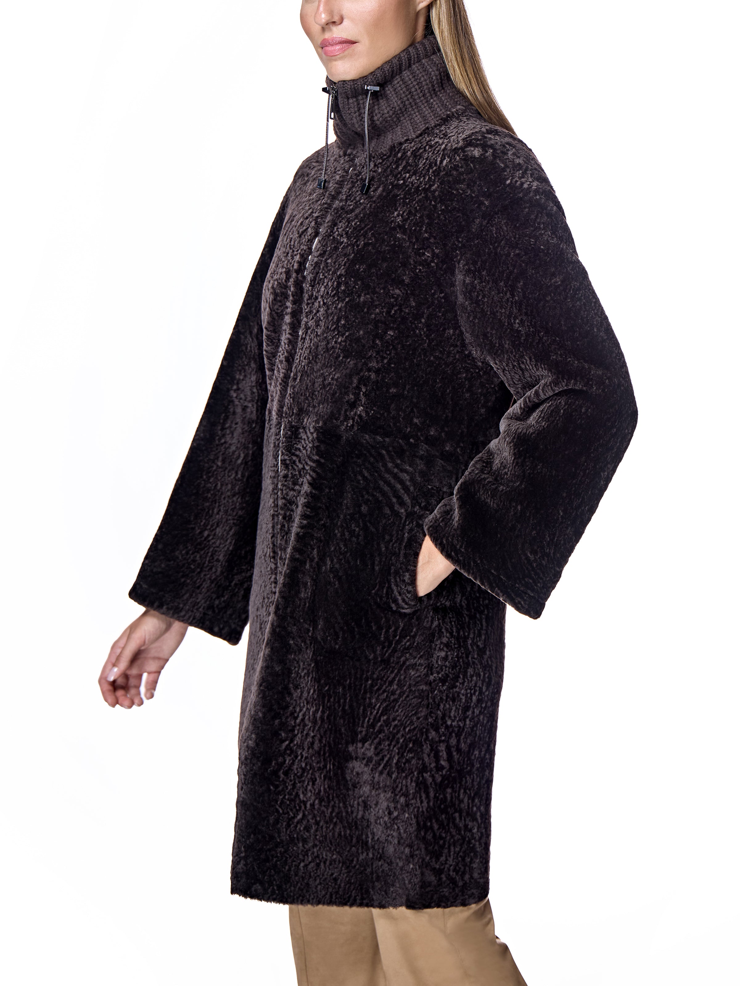 Shearling Lamb Coat with Knit Collar