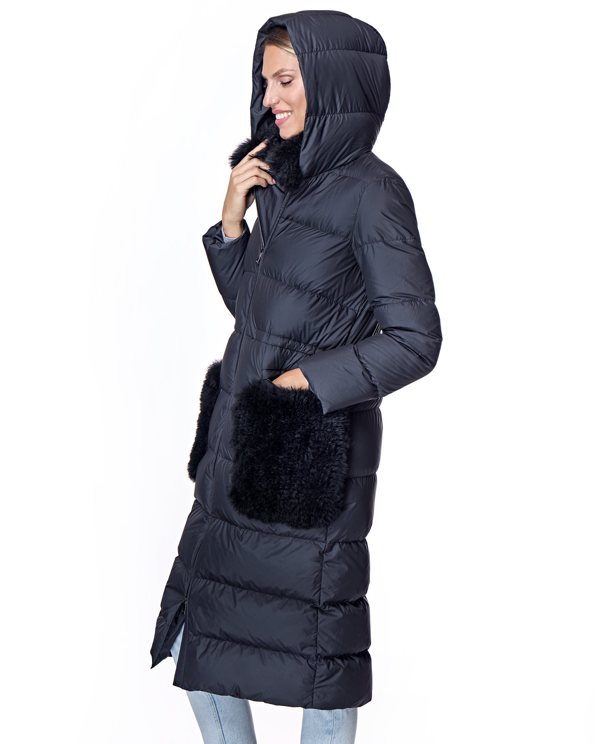 Nylon Down Filled Coat with Goat Trims