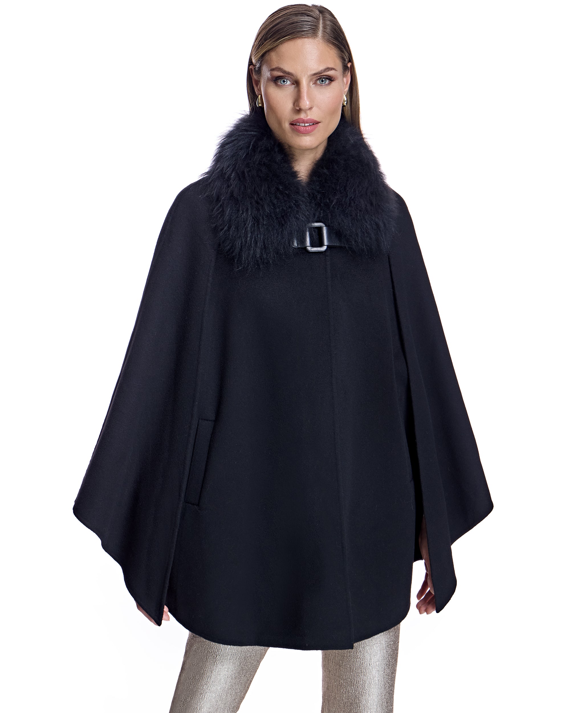 Julia & Stella by Maximilian Buckle Detailed Cashmere Cape with Dyed Cashmere Goat Trim