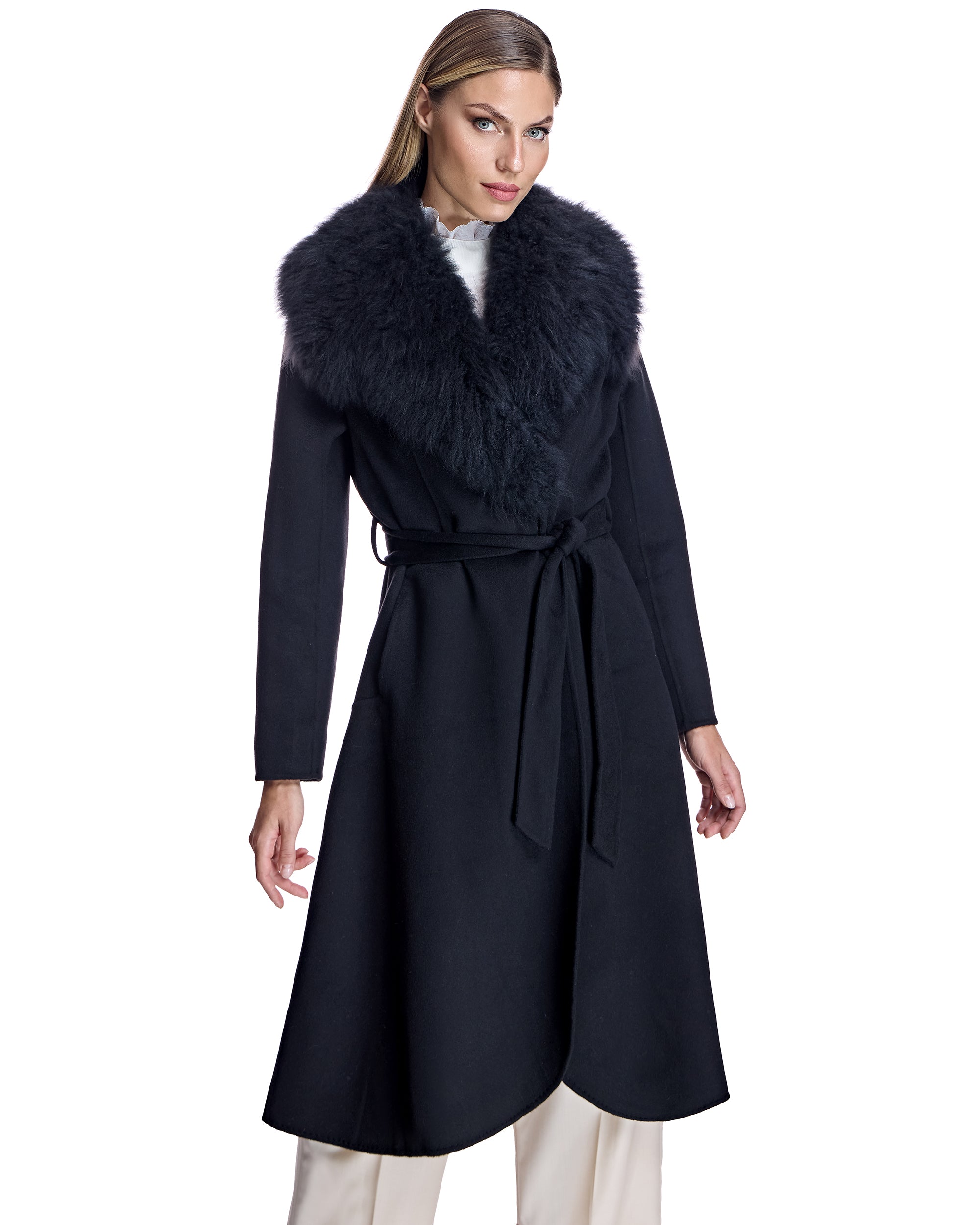 Cashmere Belted Fur Trim Coat