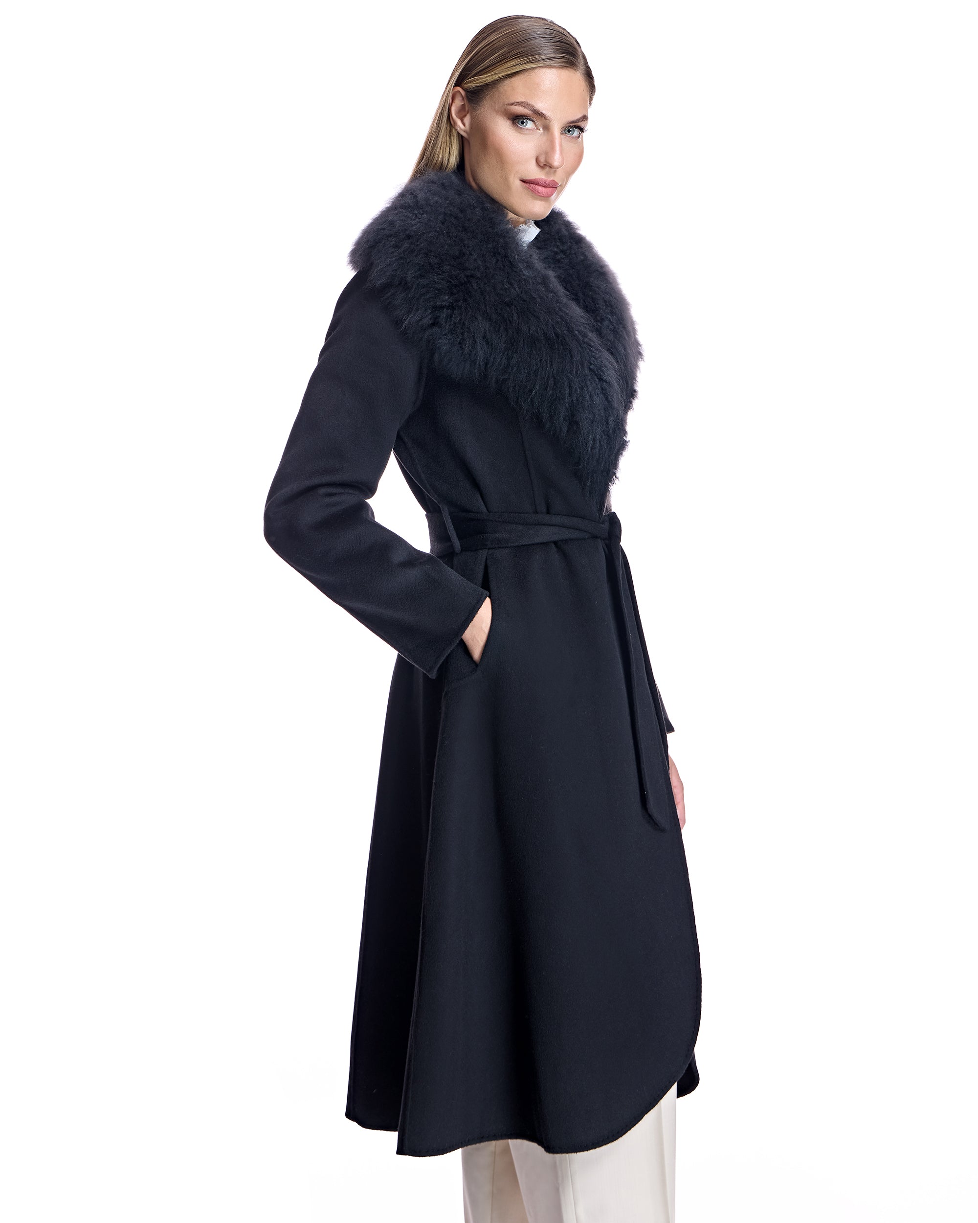 Cashmere Belted Fur Trim Coat