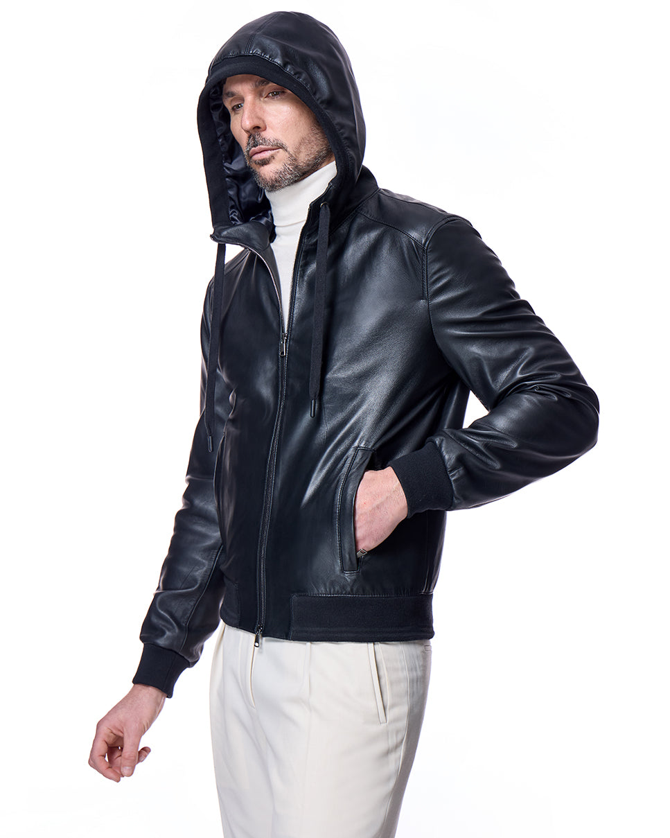 Men's Slim Fit Leather Hooded Jacket