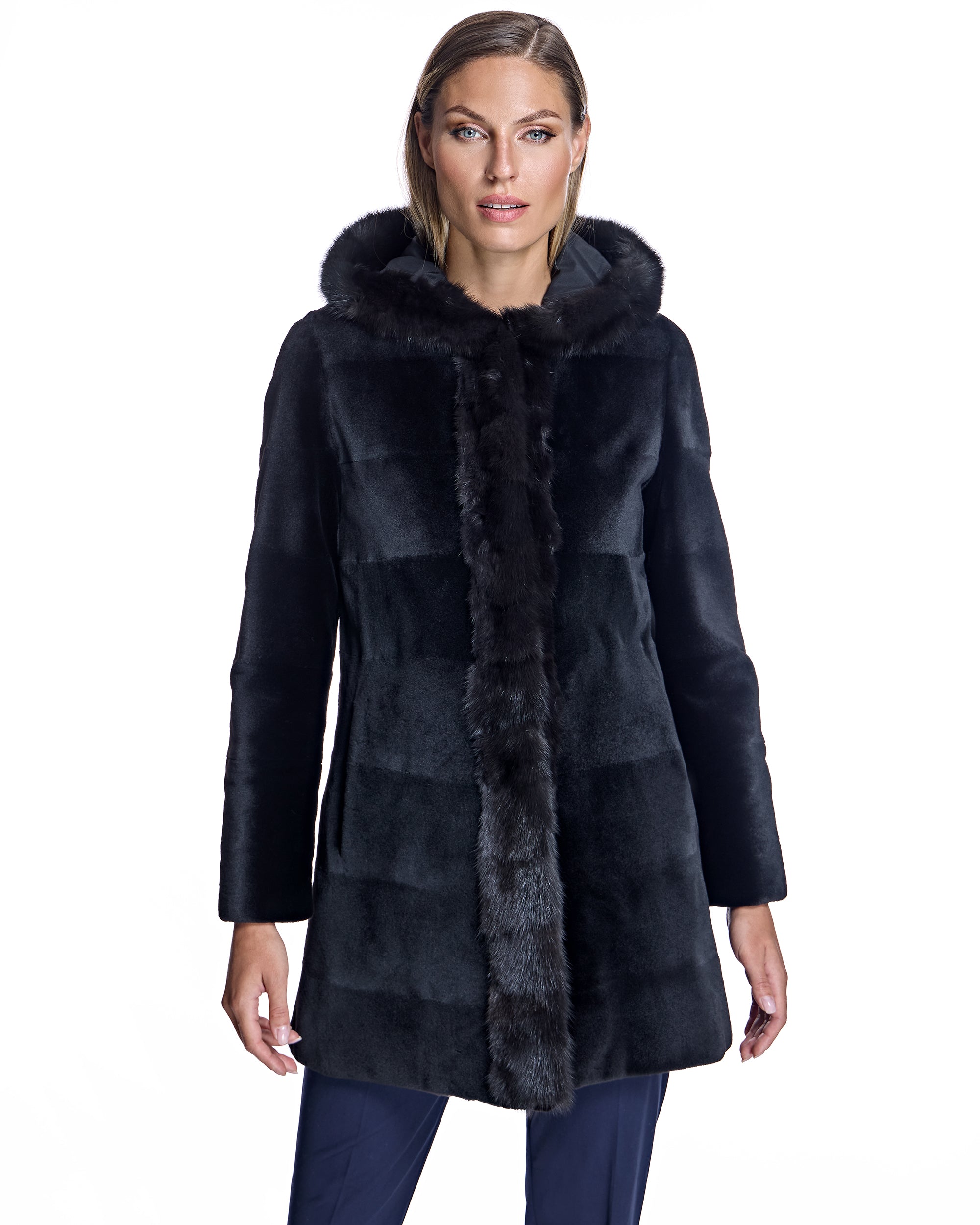 SHEARED MINK REVERSIBLE COAT WITH SABLE TRIMS