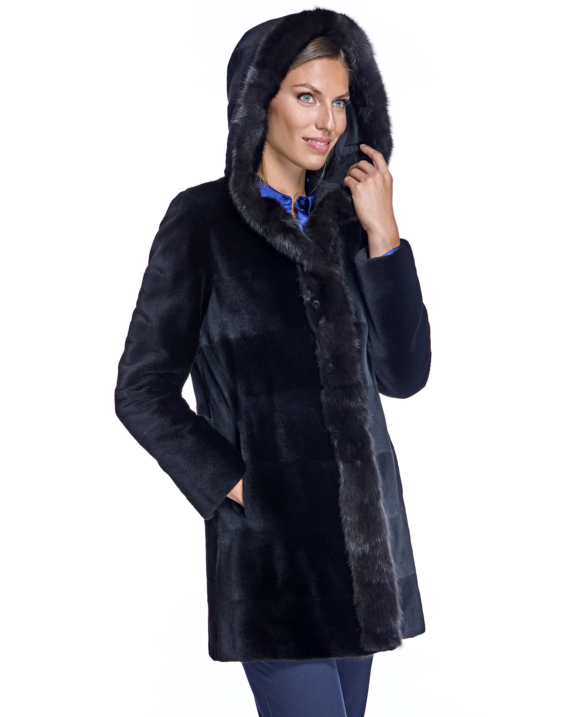 SHEARED MINK REVERSIBLE COAT WITH SABLE TRIMS