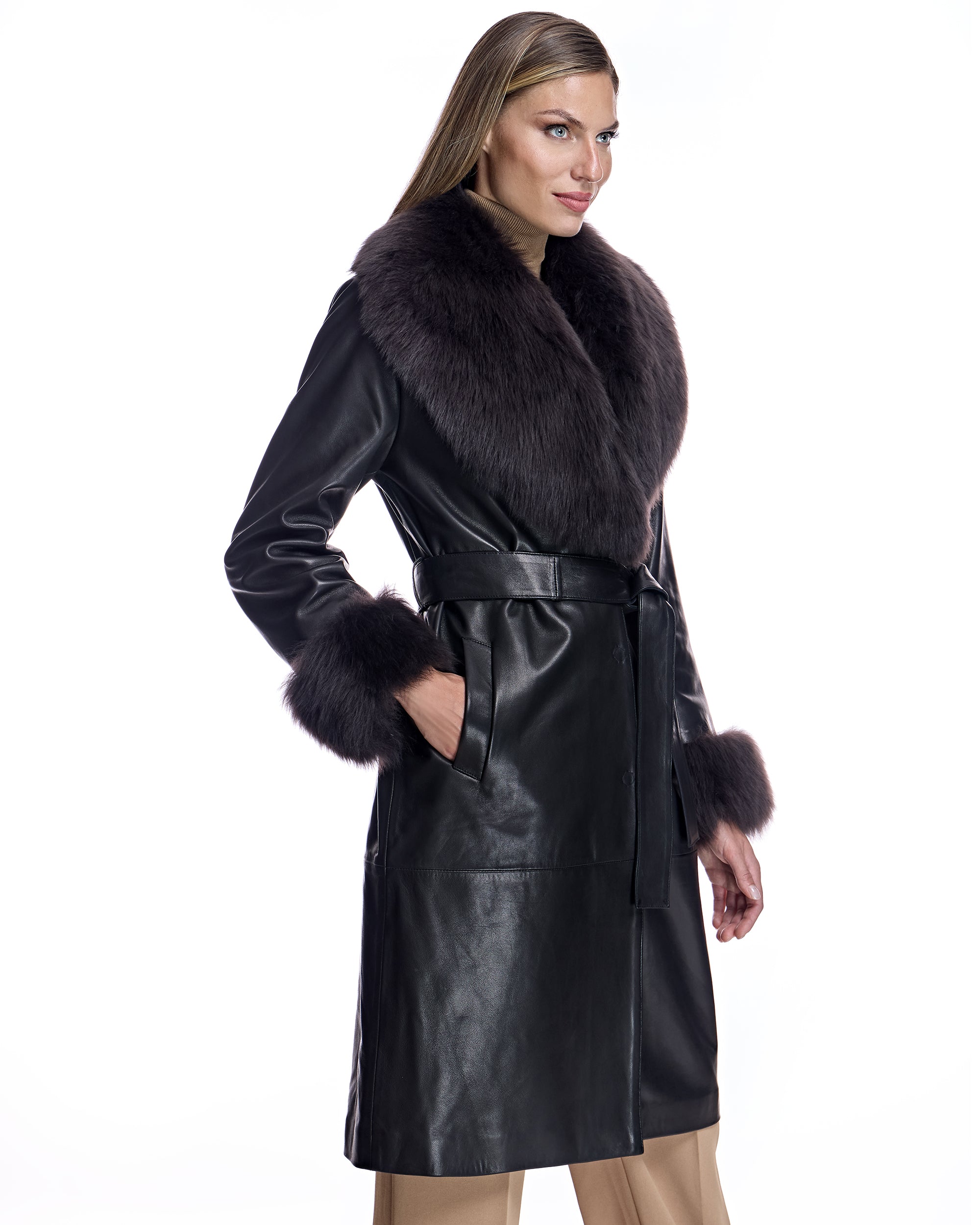 Belted Leather Coat with Shearling Collar