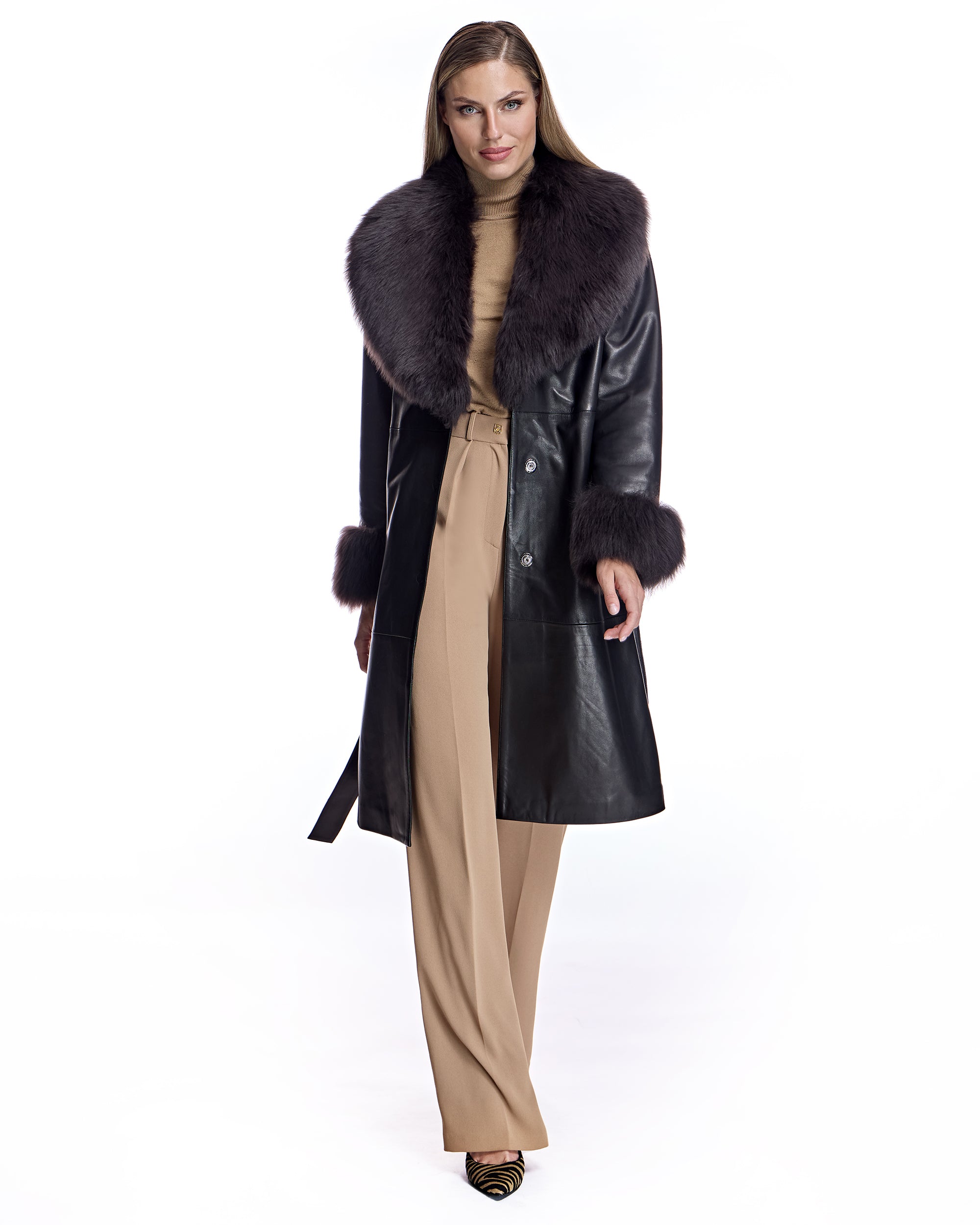 Belted Leather Coat with Shearling Collar