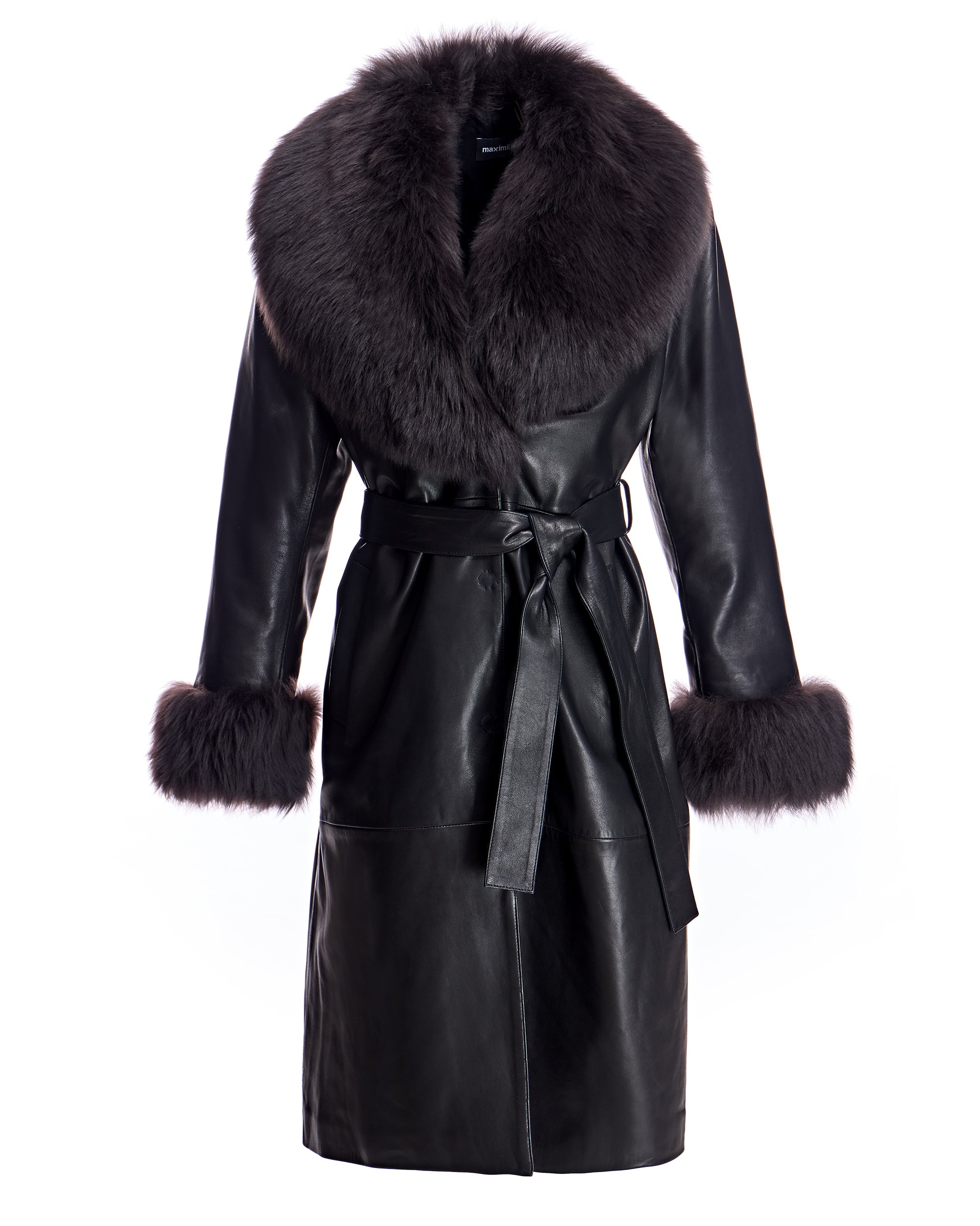 Julia & Stella by Maximilian Belted Leather Short Coat with Shearling Trim