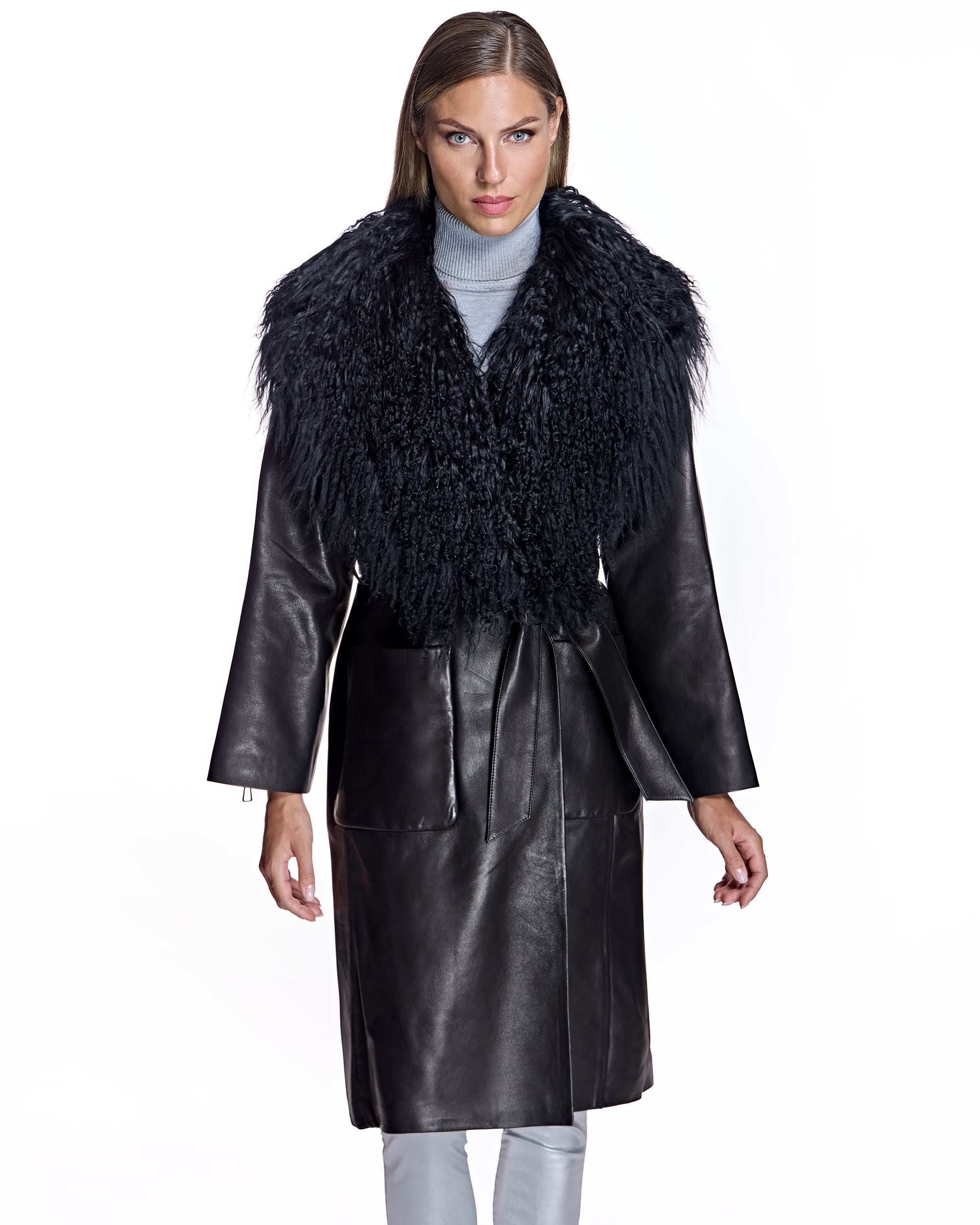 Julia & Stella by Maximilian Leather Wrap Coat with Dyed Mongolian Lamb Collar/Cuff