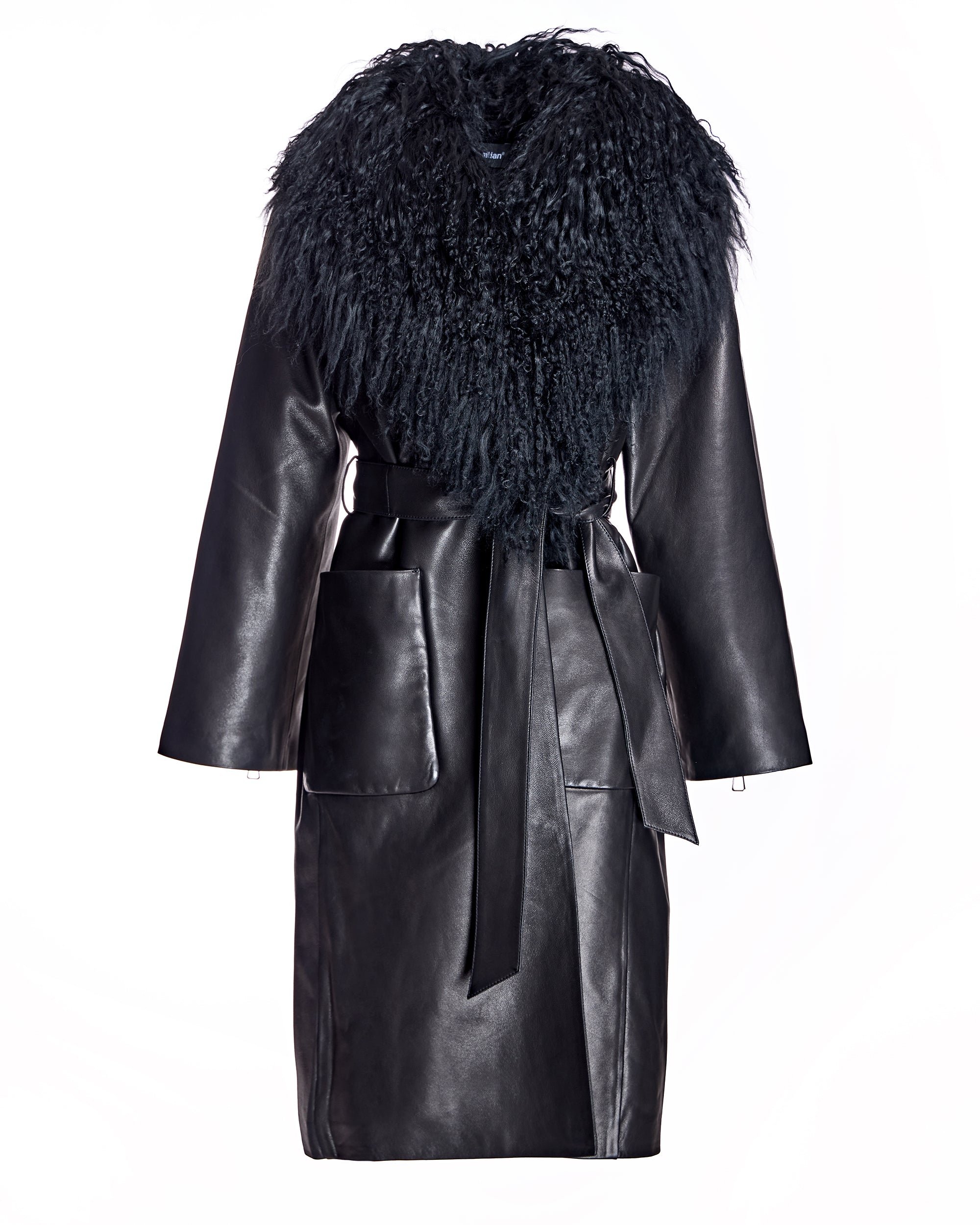 Julia & Stella by Maximilian Leather Wrap Coat with Dyed Mongolian Lamb Collar/Cuff