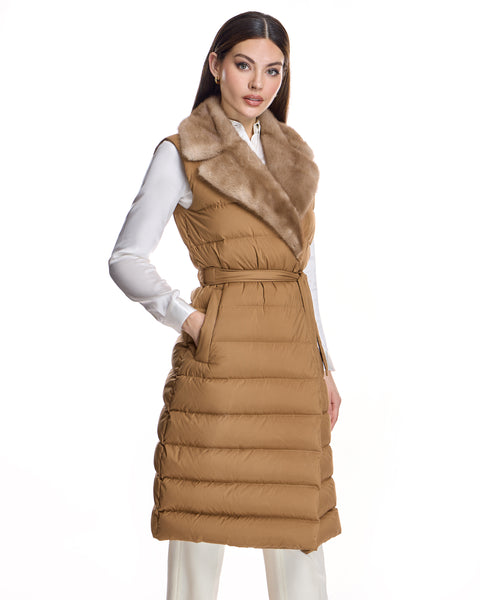 Belted Polyester Vest with Natural Mink Collar