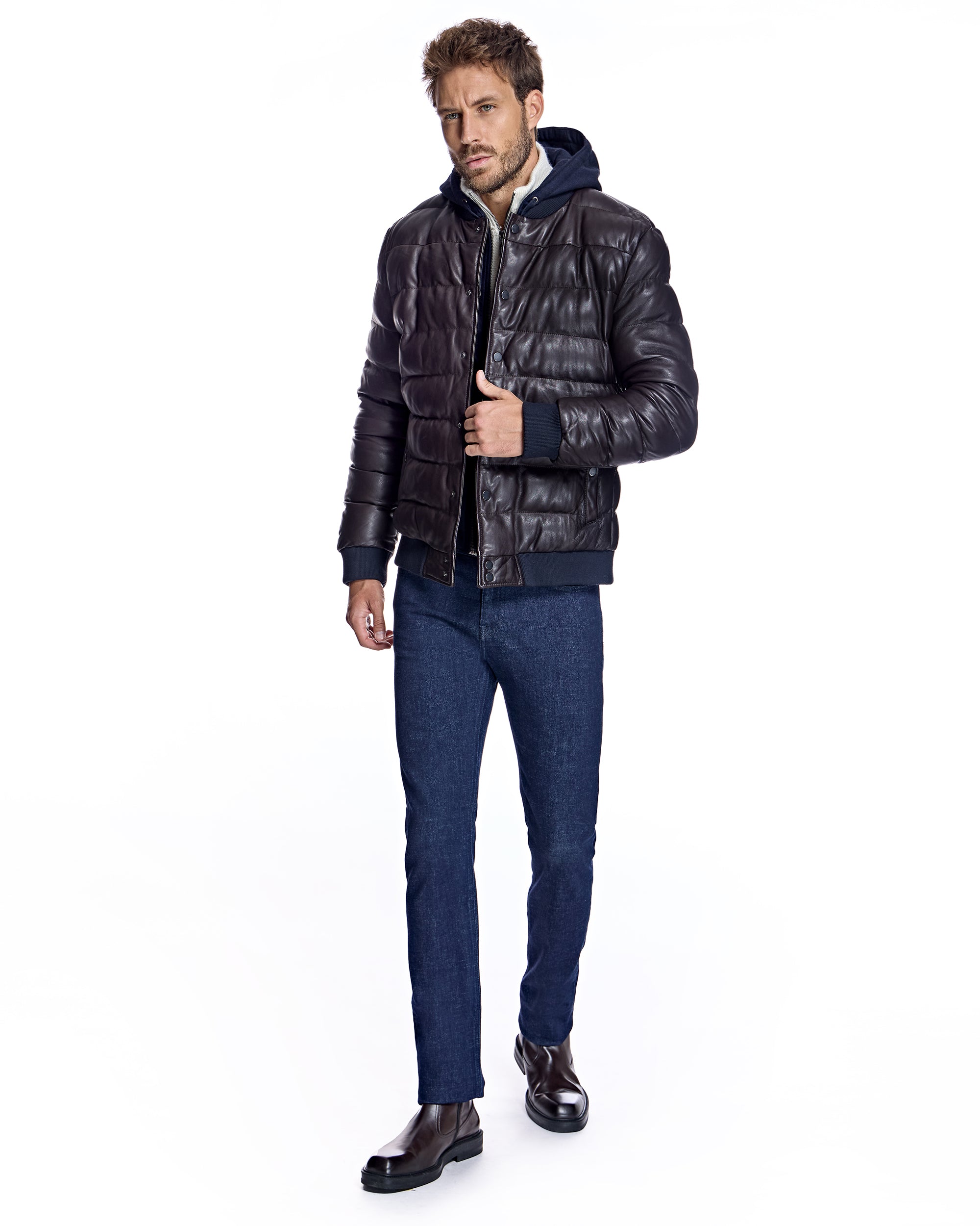 Men's Leather Puffer Jacket with Hood