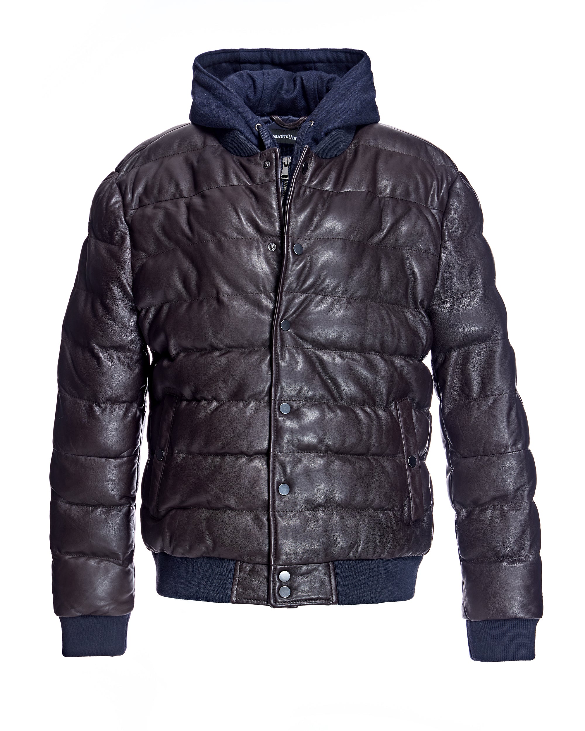 Men's Leather Puffer Jacket with Hood