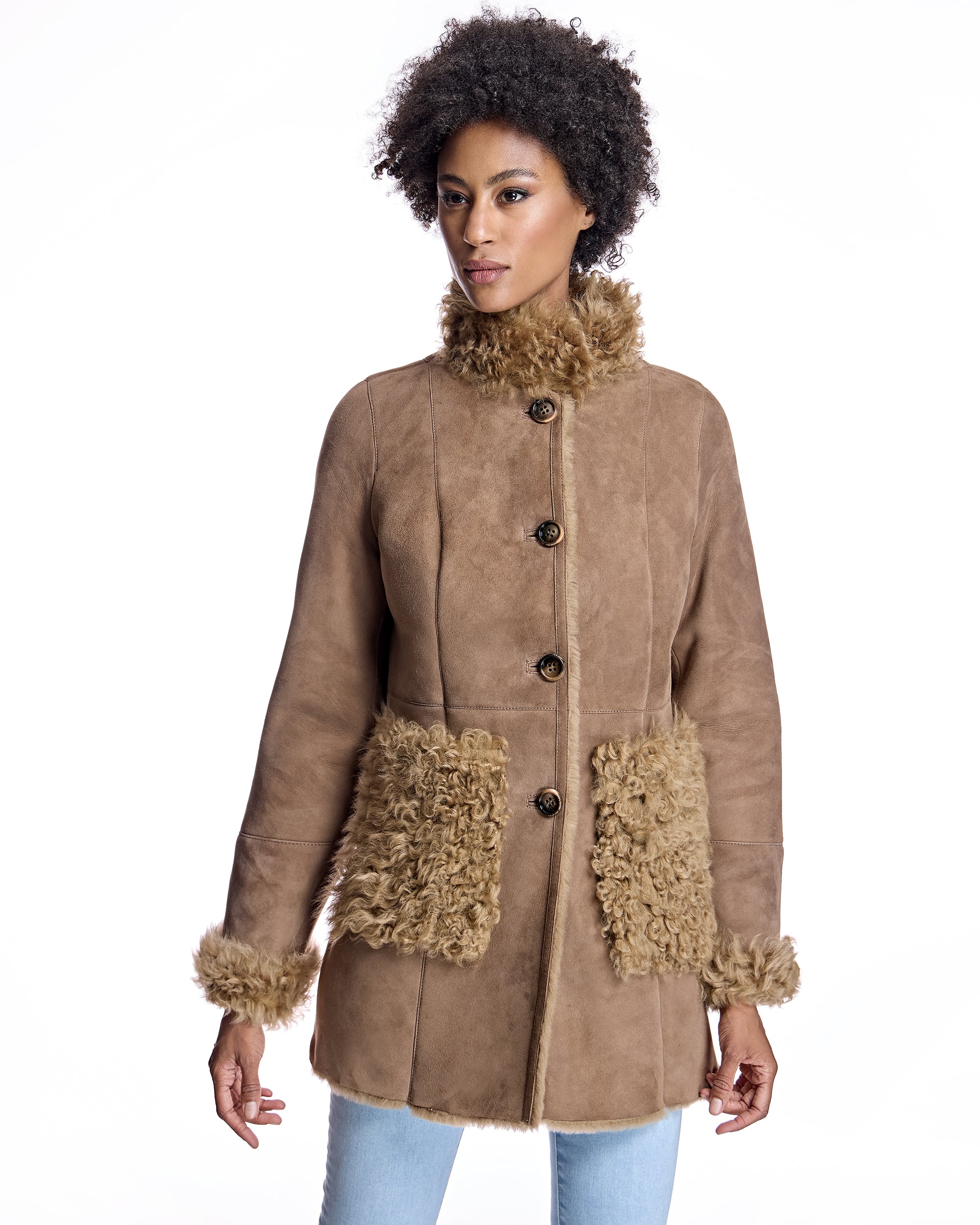 Julia & Stella by Maximilian Shearling Jacket with Curly Lamb Trim