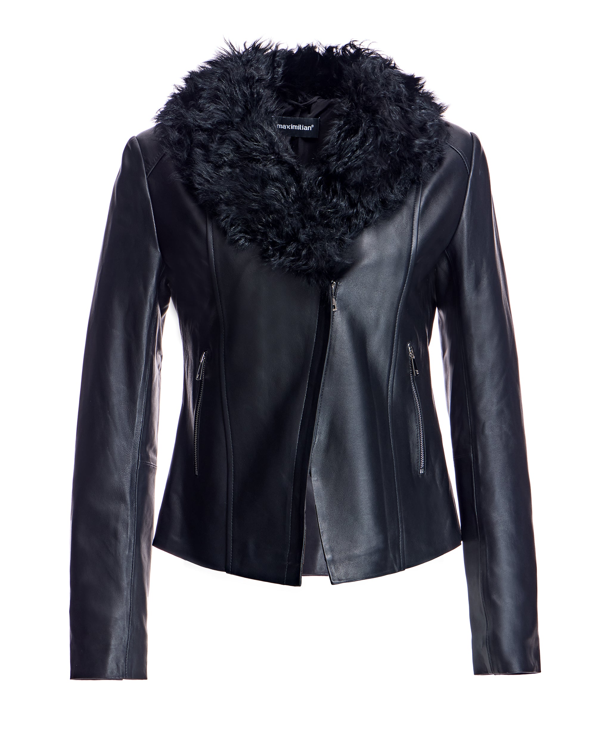 Julia & Stella by Maximilian Leather Jacket with Dyed Curly Lamb Trim