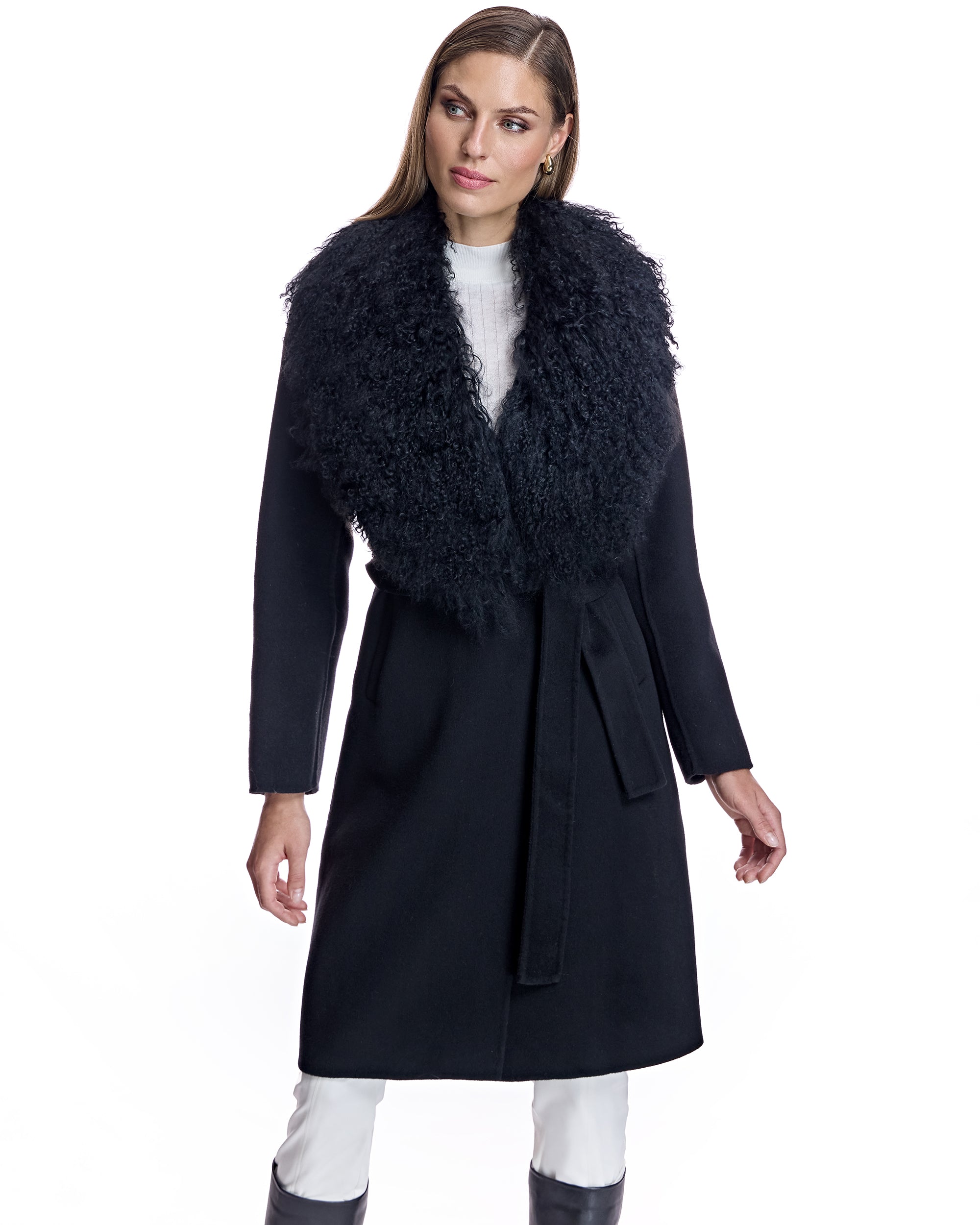 Julia & Stella by Maximilian Wool Wrap Coat With Shearling Collar