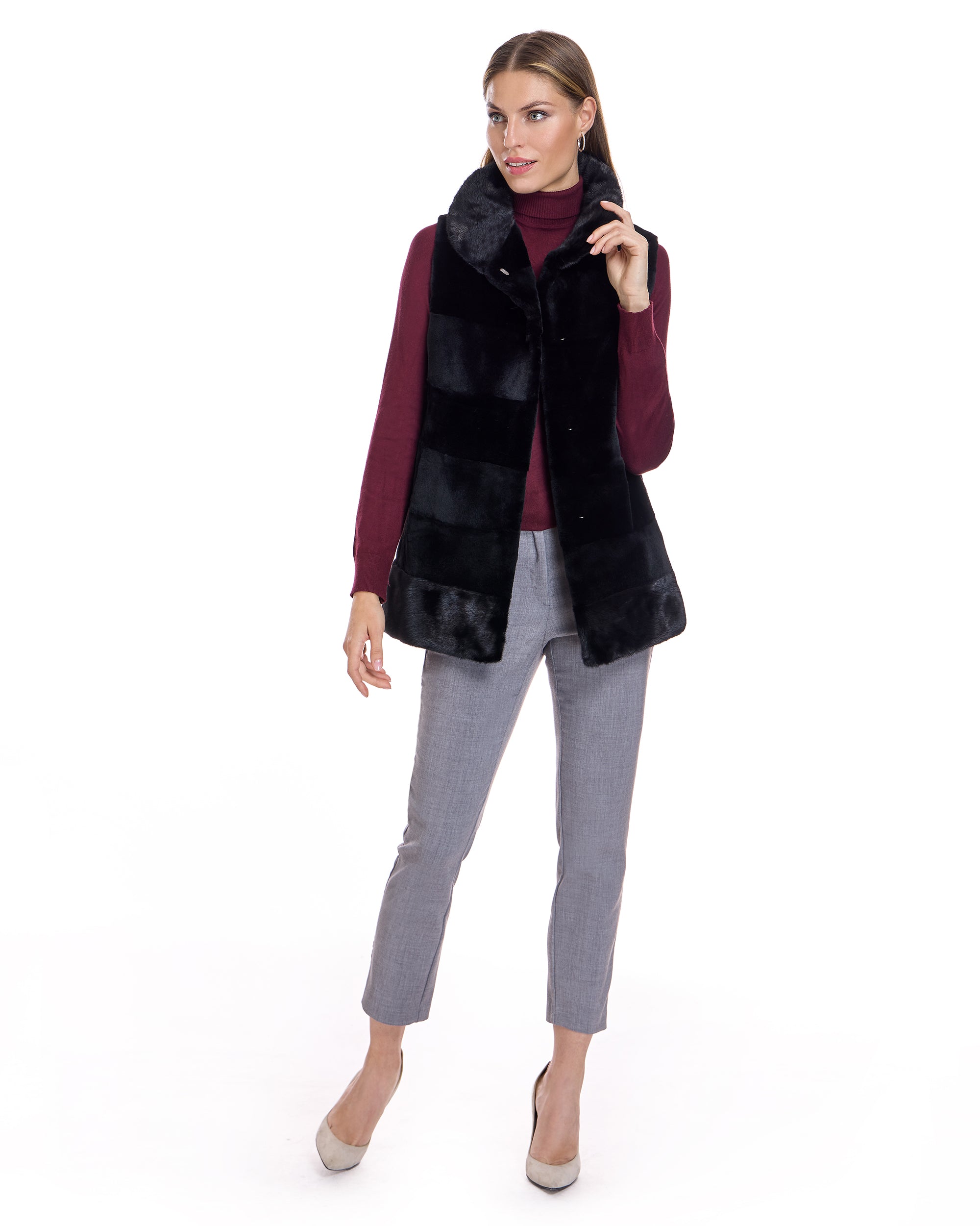 Horizontal Sheared Mink Vest with long hair trim