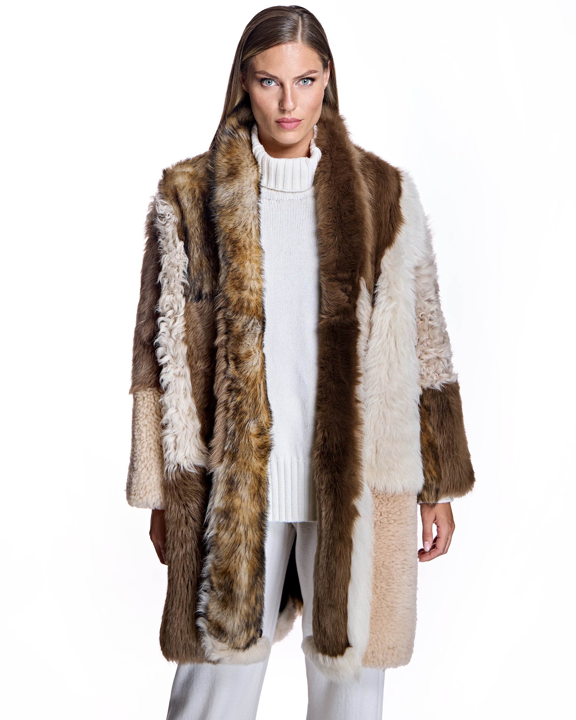 Julia & Stella by Maximilian Patchwork Shearling Overcoat