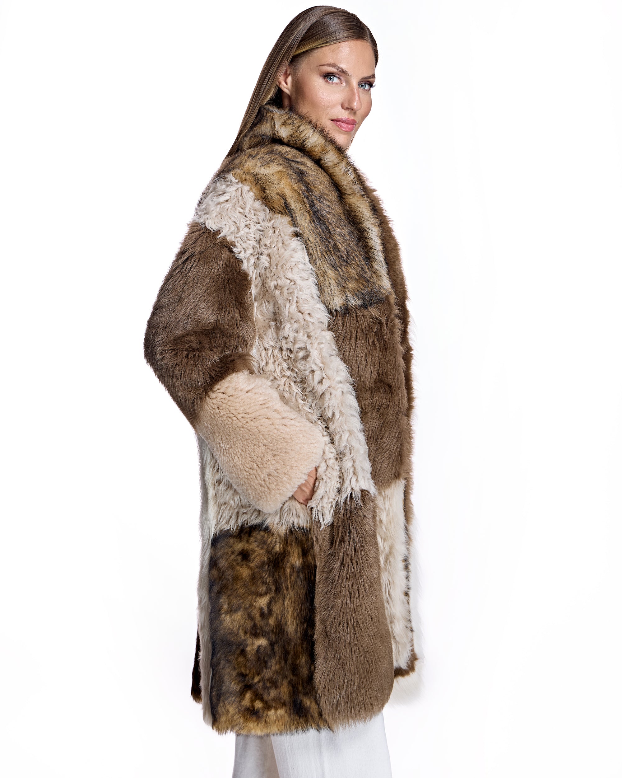 Julia & Stella by Maximilian Patchwork Shearling Overcoat