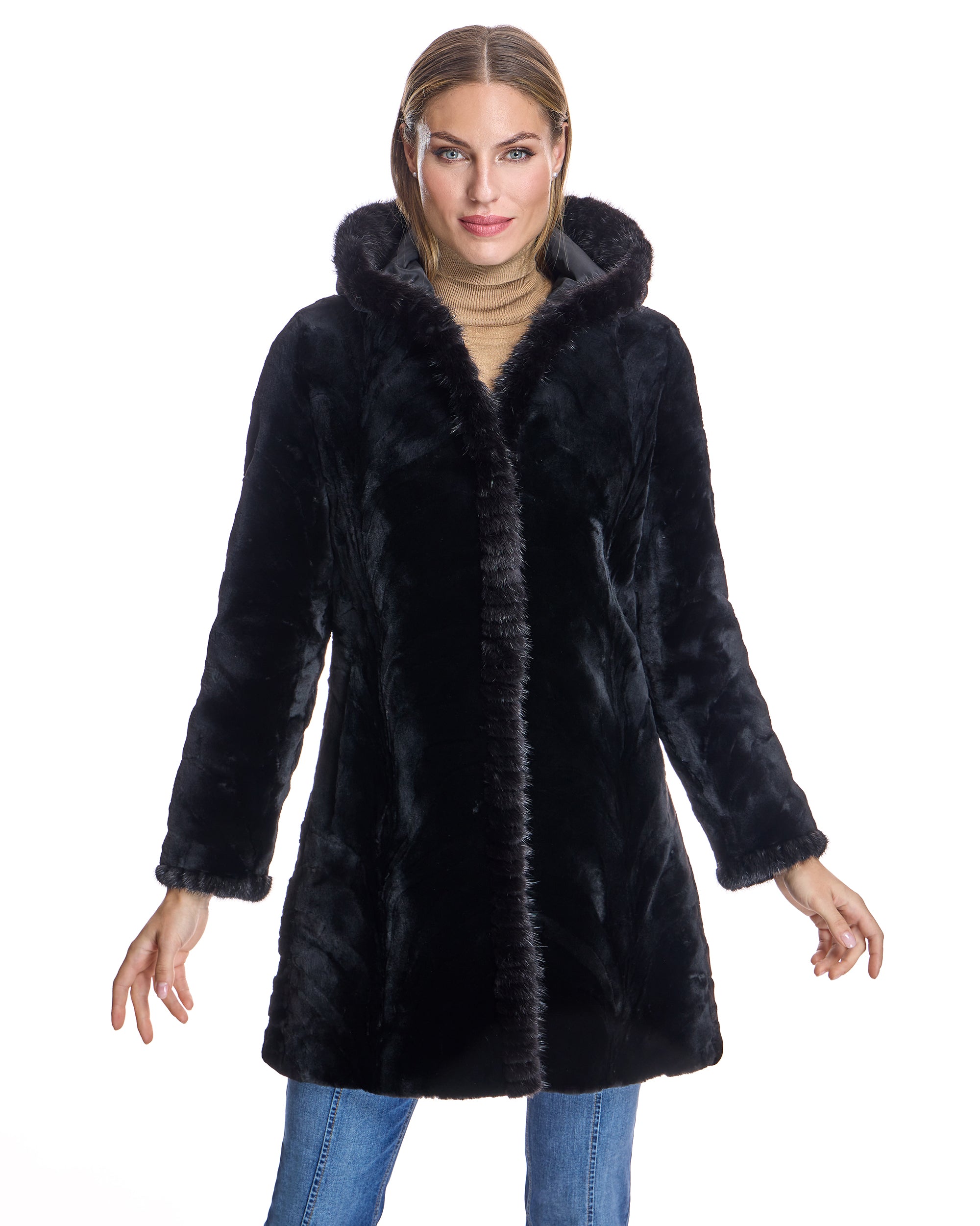 Reversible Sheared Mink Sections Coat with Long Hair Trims