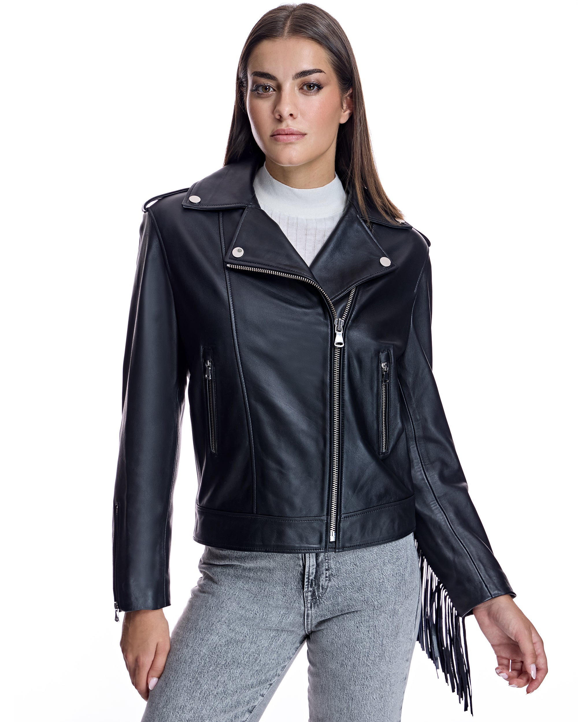 Julia & Stella by Maximilian Leather Moto Jacket with Fringes