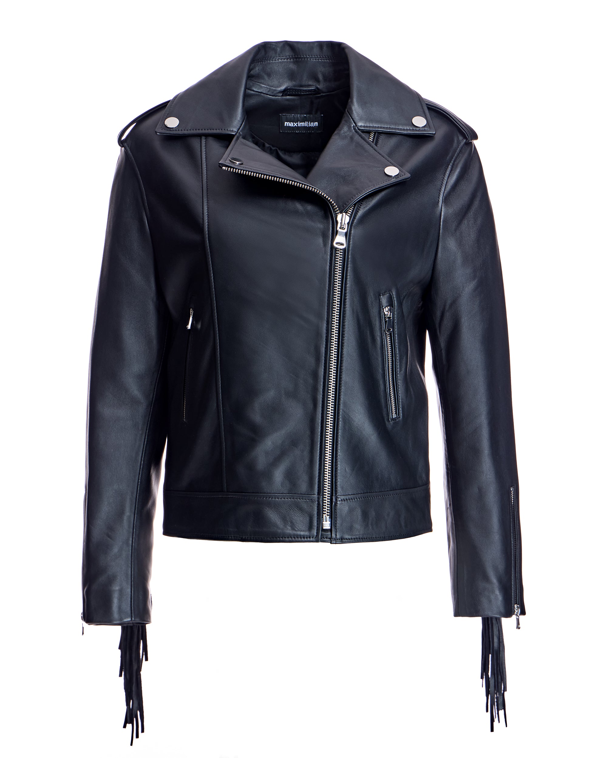 Julia & Stella by Maximilian Leather Moto Jacket with Fringes