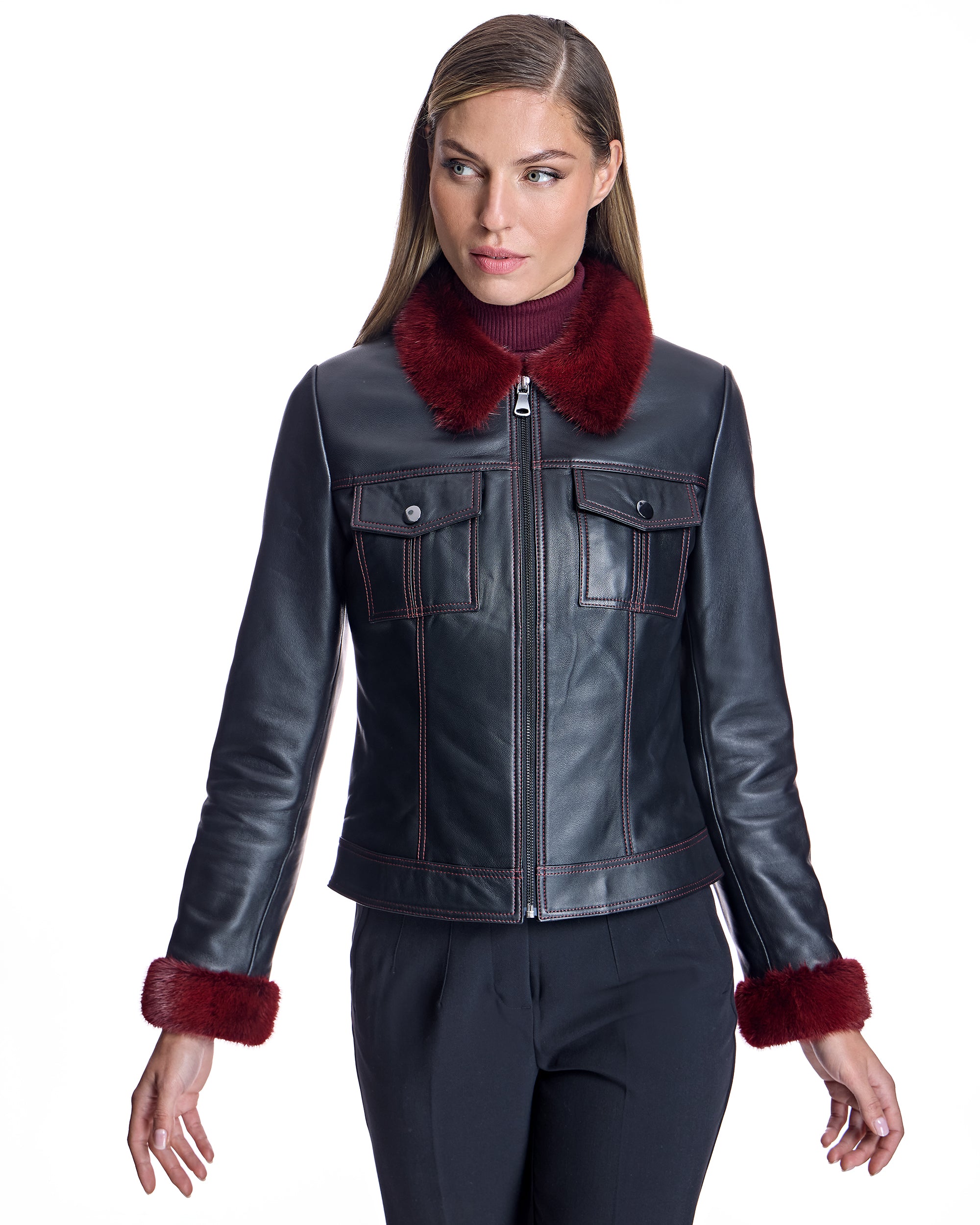 Leather Jacket with Mink Collar and Cuffs