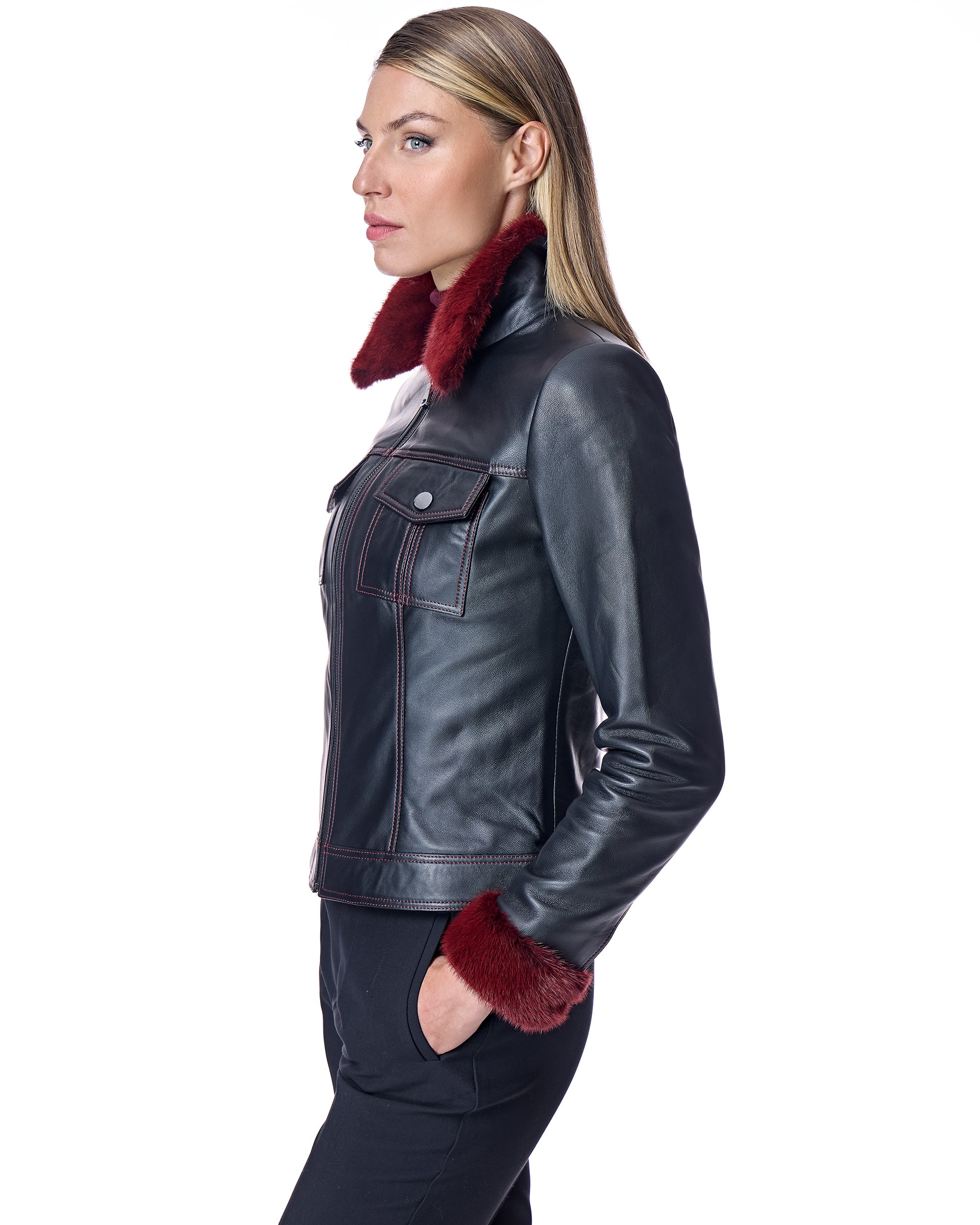 Leather Jacket with Mink Collar and Cuffs