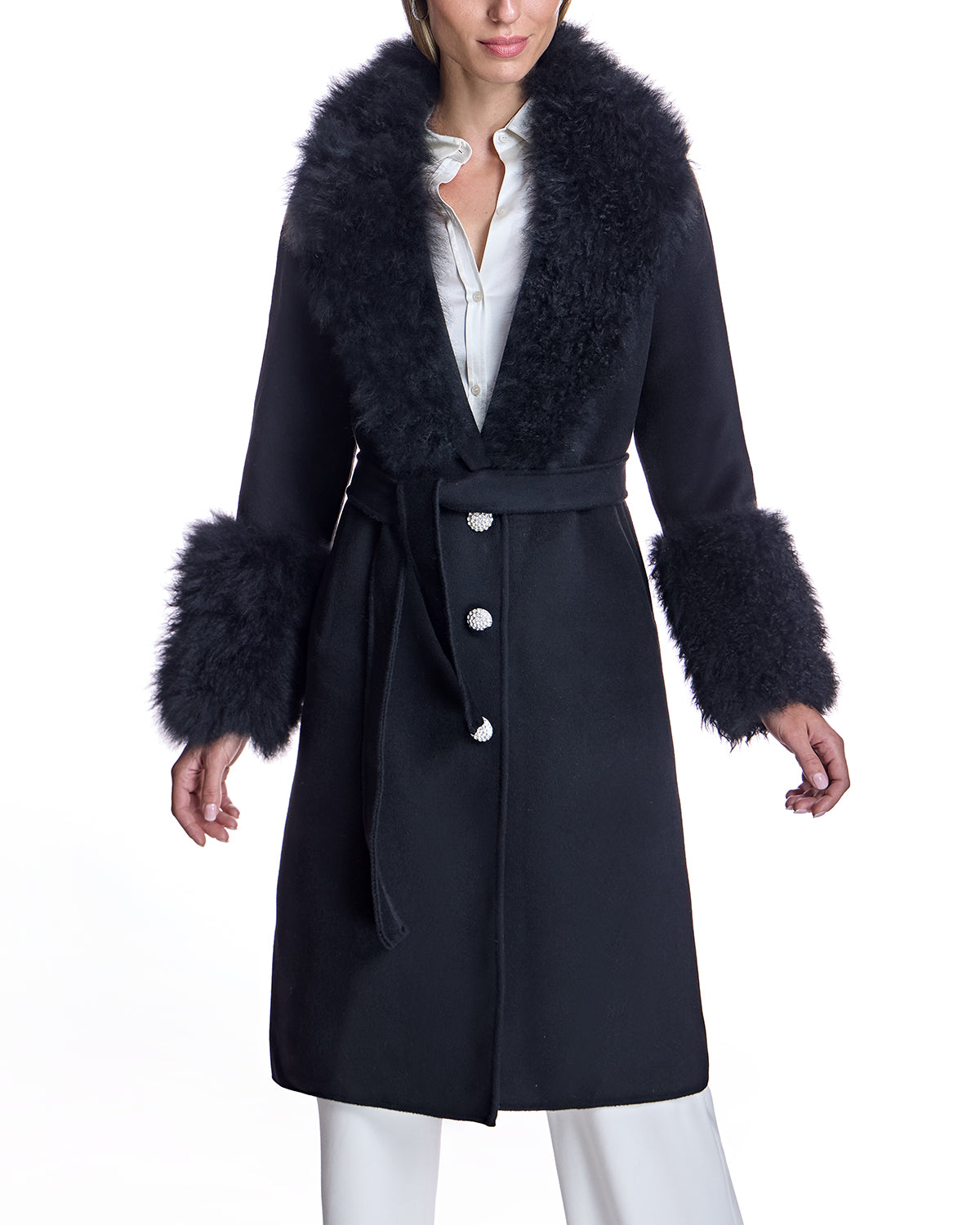 Belted Wool Coat with Cashmere Goat Trim