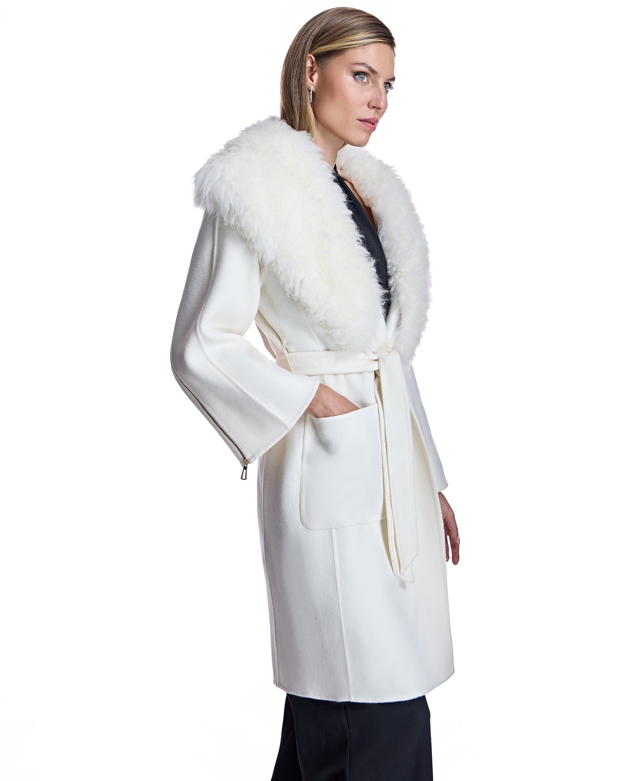 Wool Blend Belted Fur Trim Coat