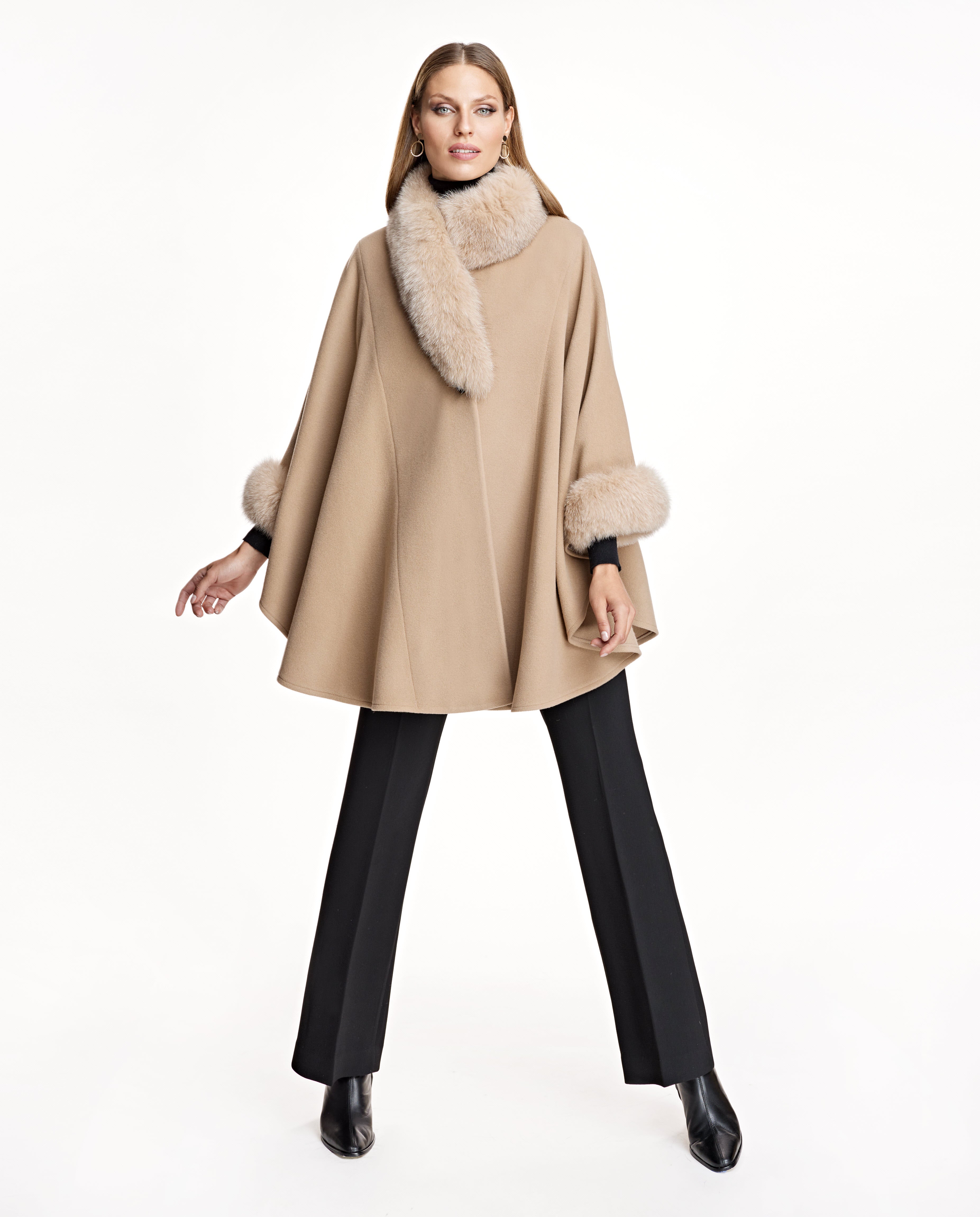 Hooded Wool Wrap Coat with Fox Fur Trim in Grey